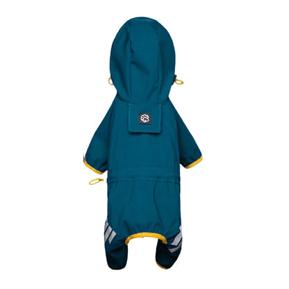 Green reflective waterproof dog raincoat stylish jumpsuit by TrendyPet's Zone, shown on a dog outdoors in a natural setting.