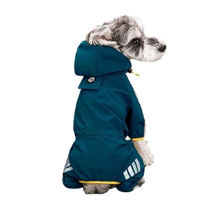 Green reflective waterproof dog raincoat jumpsuit by TrendyPet's Zone, stylish and suitable for outdoor walks in wet weather.
