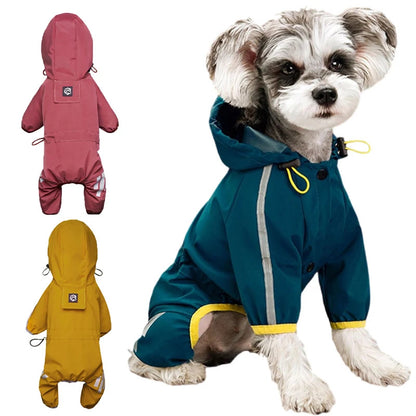 Green reflective waterproof dog raincoat stylish jumpsuit by TrendyPet's Zone, designed for outdoor protection and visibility.
