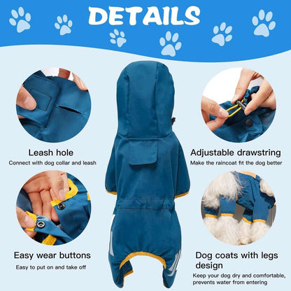 Green waterproof dog raincoat jumpsuit with reflective details, stylish and comfortable for outdoor walks by TrendyPet's Zone.