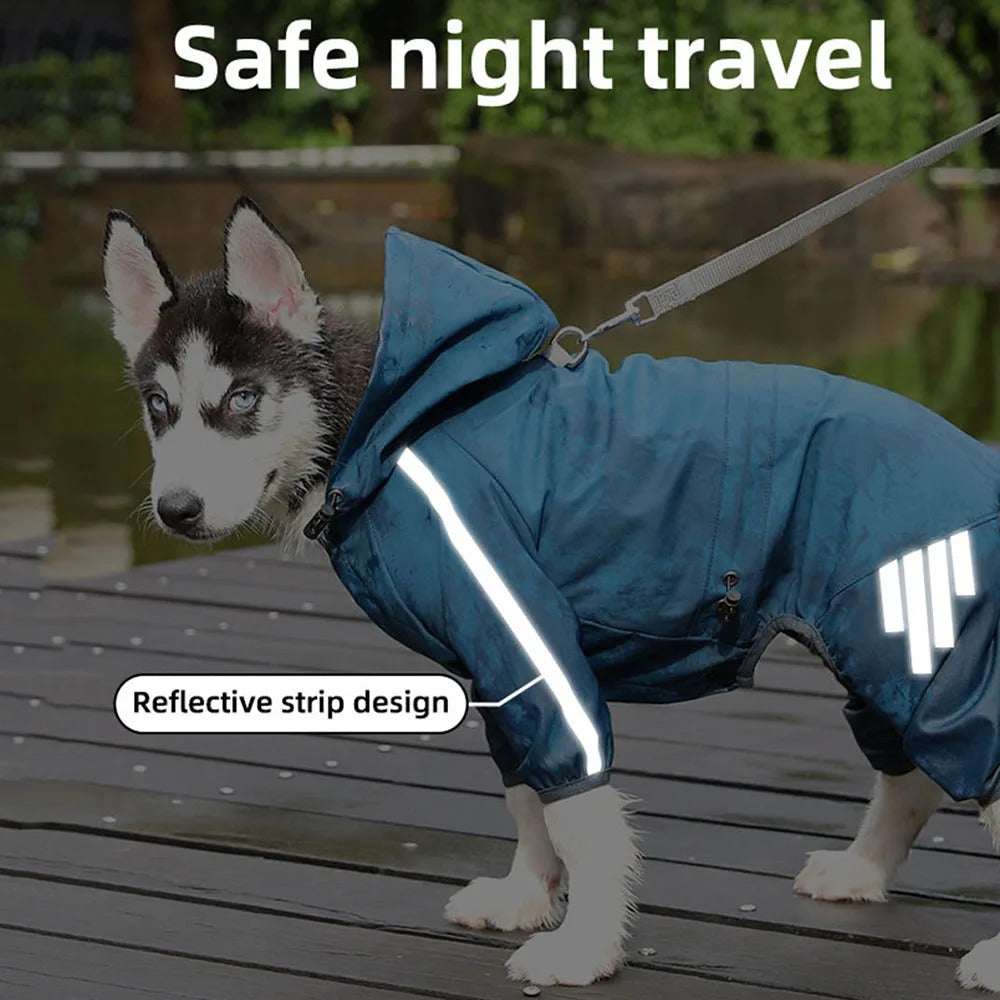 Green reflective waterproof dog raincoat stylish jumpsuit by TrendyPet's Zone, designed for outdoor protection and visibility.