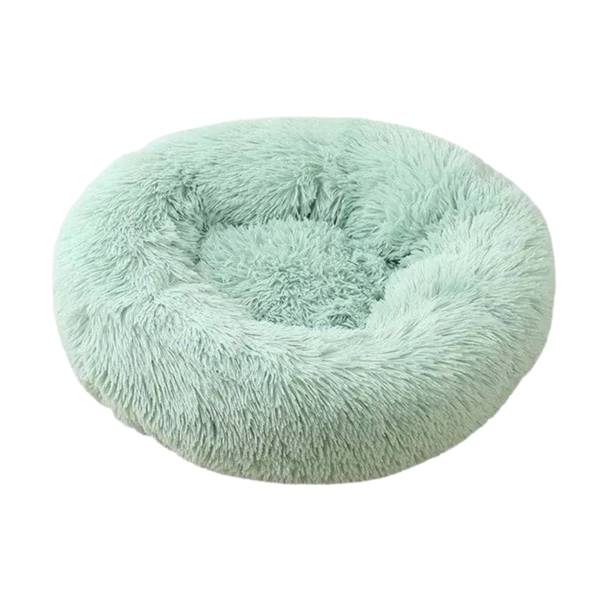 Green round plush pet bed with zipper, soft and thickened for comfort, suitable for dogs and cats by TrendyPet's Zone.
