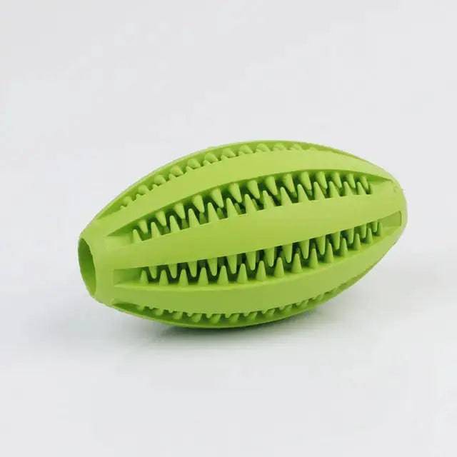 Green rubber dog ball toy from TrendyPet's Zone, interactive chew toy for small and large dogs with elasticity and tooth cleaning features.
