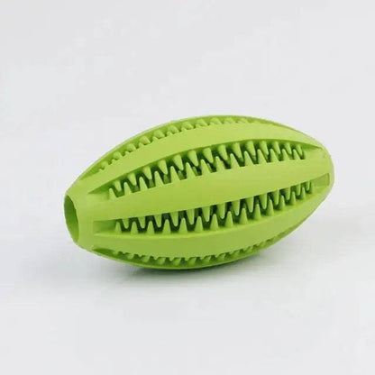 Green rubber dog ball toy from TrendyPet's Zone, interactive chew toy for small and large dogs with elasticity and tooth cleaning features.