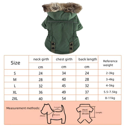 Green warm pet dog winter coat with hood, TrendyPet's Zone, designed for cold weather and outdoor protection.