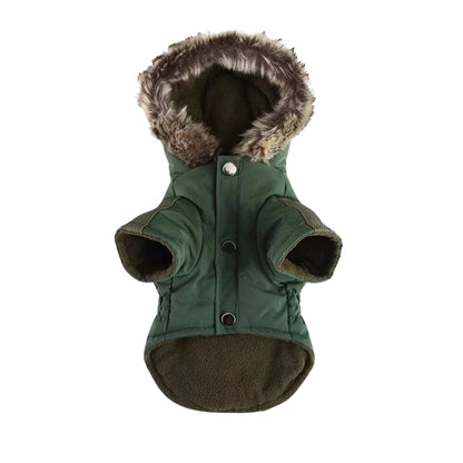 Green warm pet dog coat with hood, winter jacket from TrendyPet's Zone, designed to keep dogs cozy in cold weather.