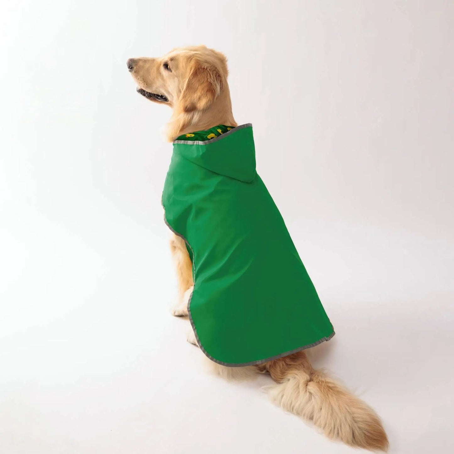 Green waterproof dog raincoat by TrendyPet's Zone with quick-adjust dual-sided design for all-weather protection.