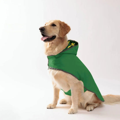 Green waterproof dog raincoat by TrendyPet's Zone with quick-adjust dual-sided design for all weather conditions.