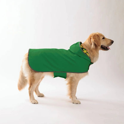 Green waterproof dog raincoat by TrendyPet's Zone with quick-adjust dual-sided design for all-weather protection.