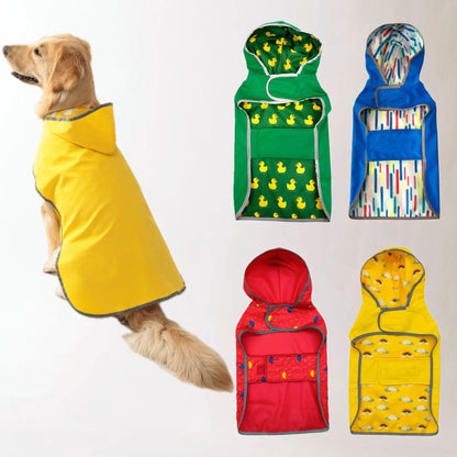 Blue waterproof dog raincoat by TrendyPet's Zone featuring a quick-adjust dual-sided design, shown on a dog in all weather conditions.