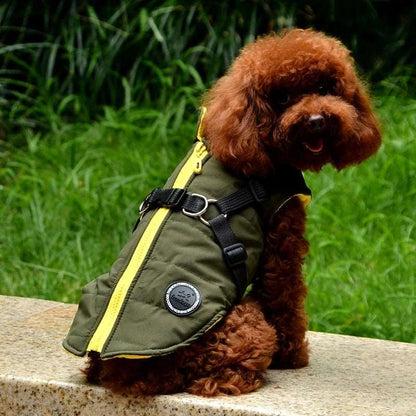 Green waterproof dog vest jacket with integrated harness, designed for winter weather, from TrendyPet's Zone.
