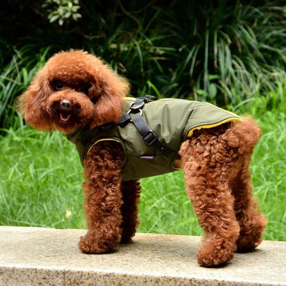 Green waterproof dog vest jacket with built-in harness, designed for winter, by TrendyPet's Zone.