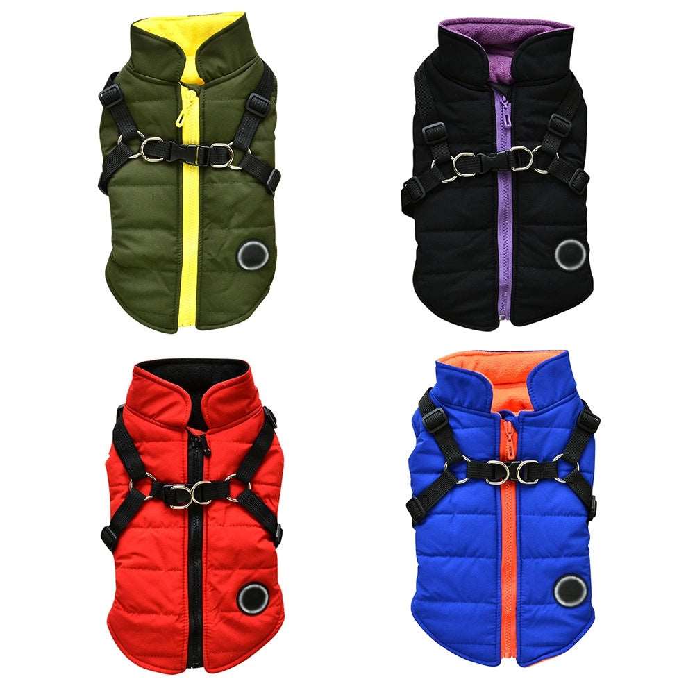Green waterproof dog vest jacket with harness, winter coat by TrendyPet's Zone, designed for outdoor warmth and protection.