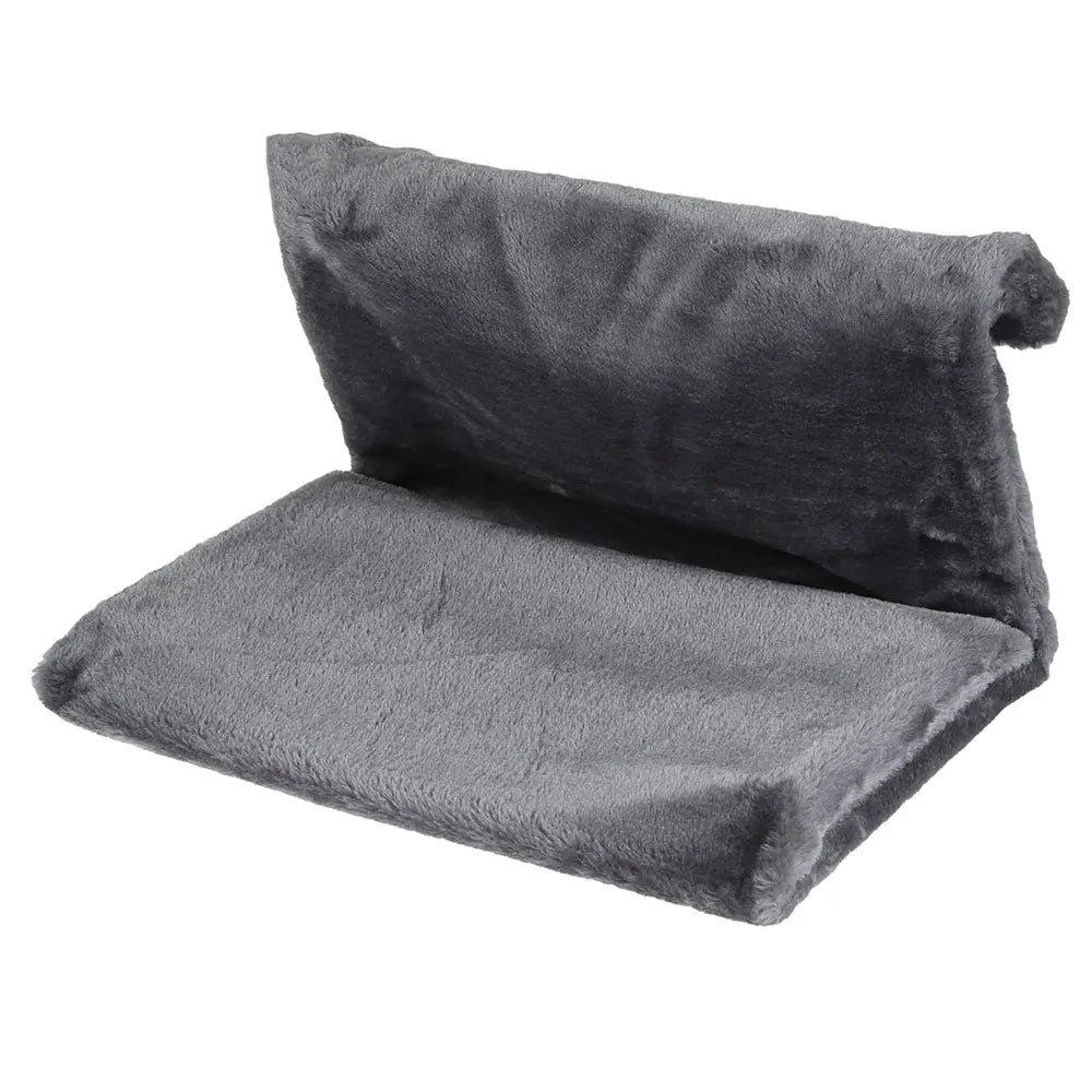 Grey collapsible cat hammock bed hanging on a radiator, designed for cozy feline relaxation by TrendyPet's Zone.