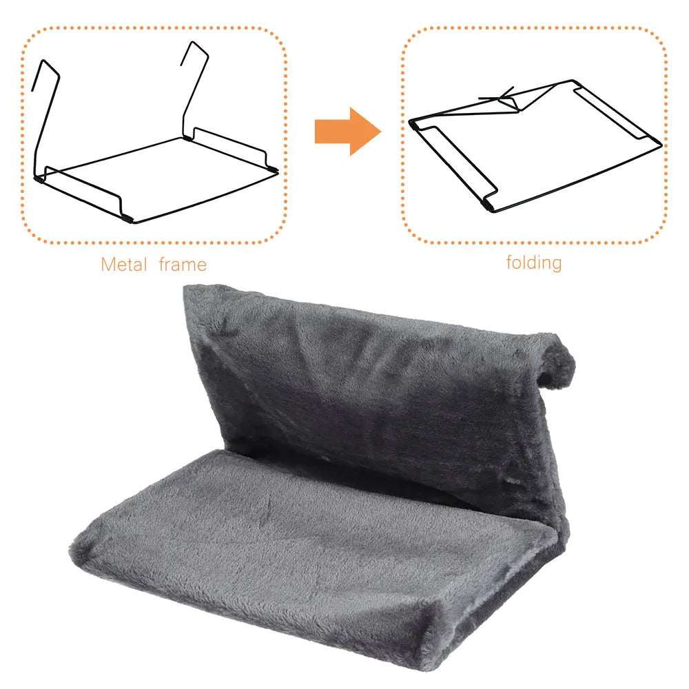 Grey collapsible cat hammock bed hanging from radiator cradle by TrendyPet's Zone, cozy and foldable for easy storage.