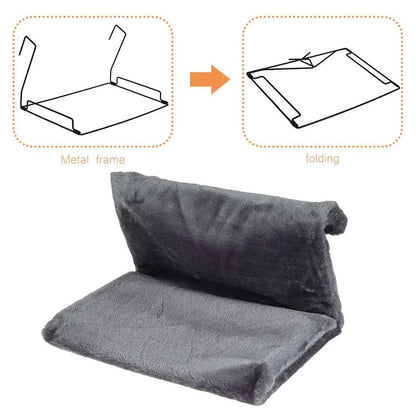Grey collapsible cat hammock bed hanging from radiator cradle by TrendyPet's Zone, cozy and foldable for easy storage.