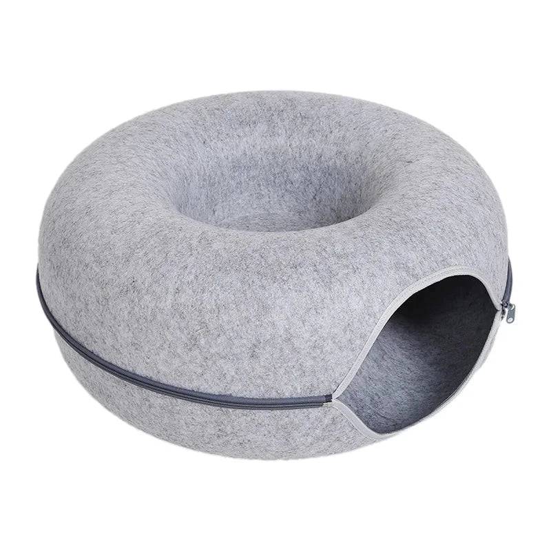 Grey Donut Cat Bed for 2 Pets Tunnel Kitten House Basket Interactive Natural Felt Cave Nest - TrendyPet's Zone