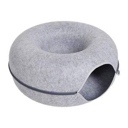 Grey Donut Cat Bed for 2 Pets Tunnel Kitten House Basket Interactive Natural Felt Cave Nest - TrendyPet's Zone