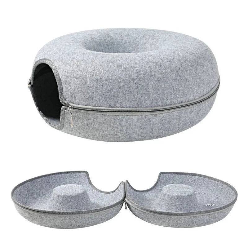 Grey Donut Cat Bed for 2 Pets Tunnel Kitten House Basket Interactive Natural Felt Cave Nest - TrendyPet's Zone