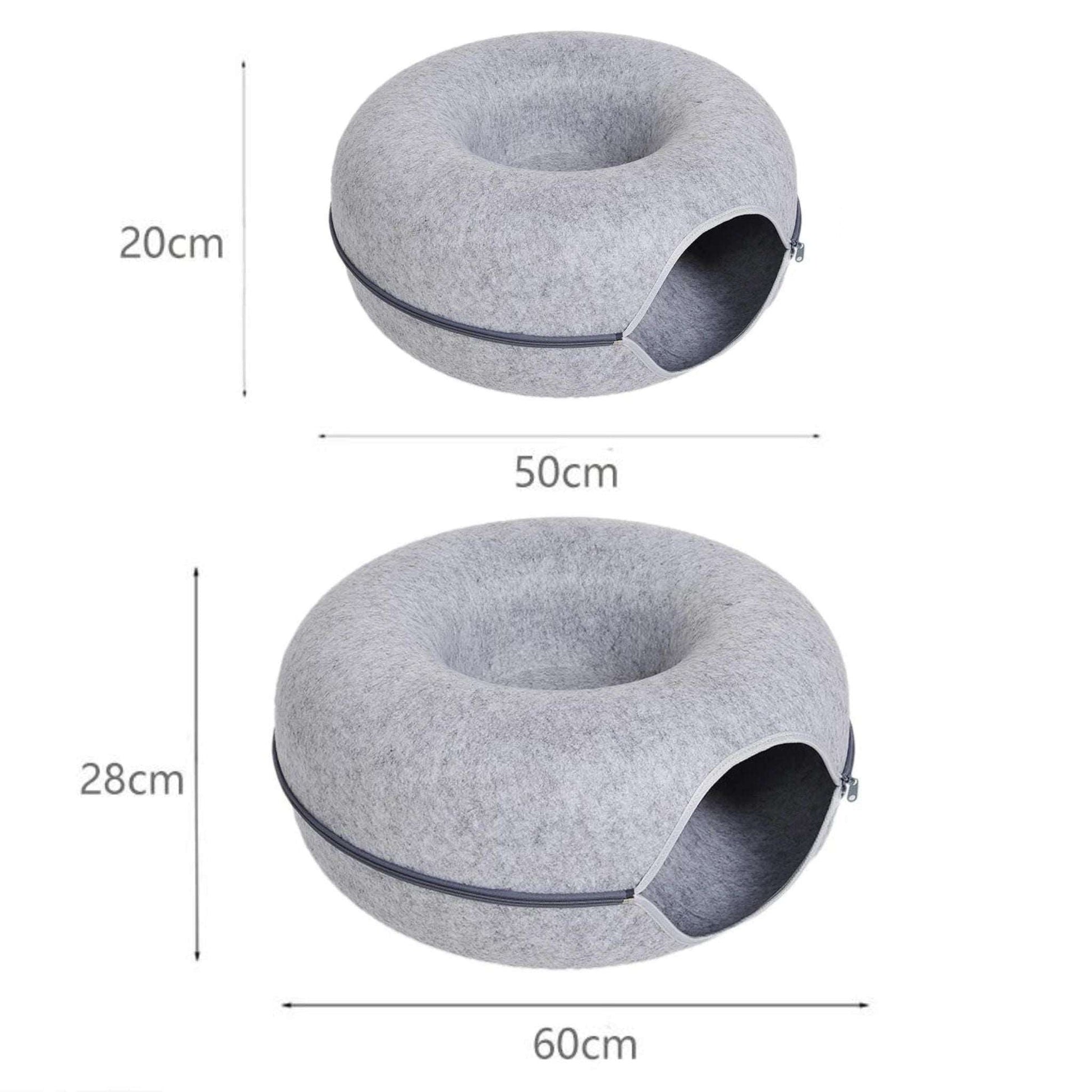 Grey Donut Cat Bed for 2 Pets Tunnel Kitten House Basket Interactive Natural Felt Cave Nest - TrendyPet's Zone
