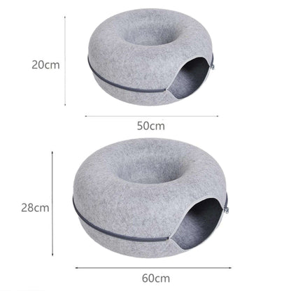 Grey Donut Cat Bed for 2 Pets Tunnel Kitten House Basket Interactive Natural Felt Cave Nest - TrendyPet's Zone