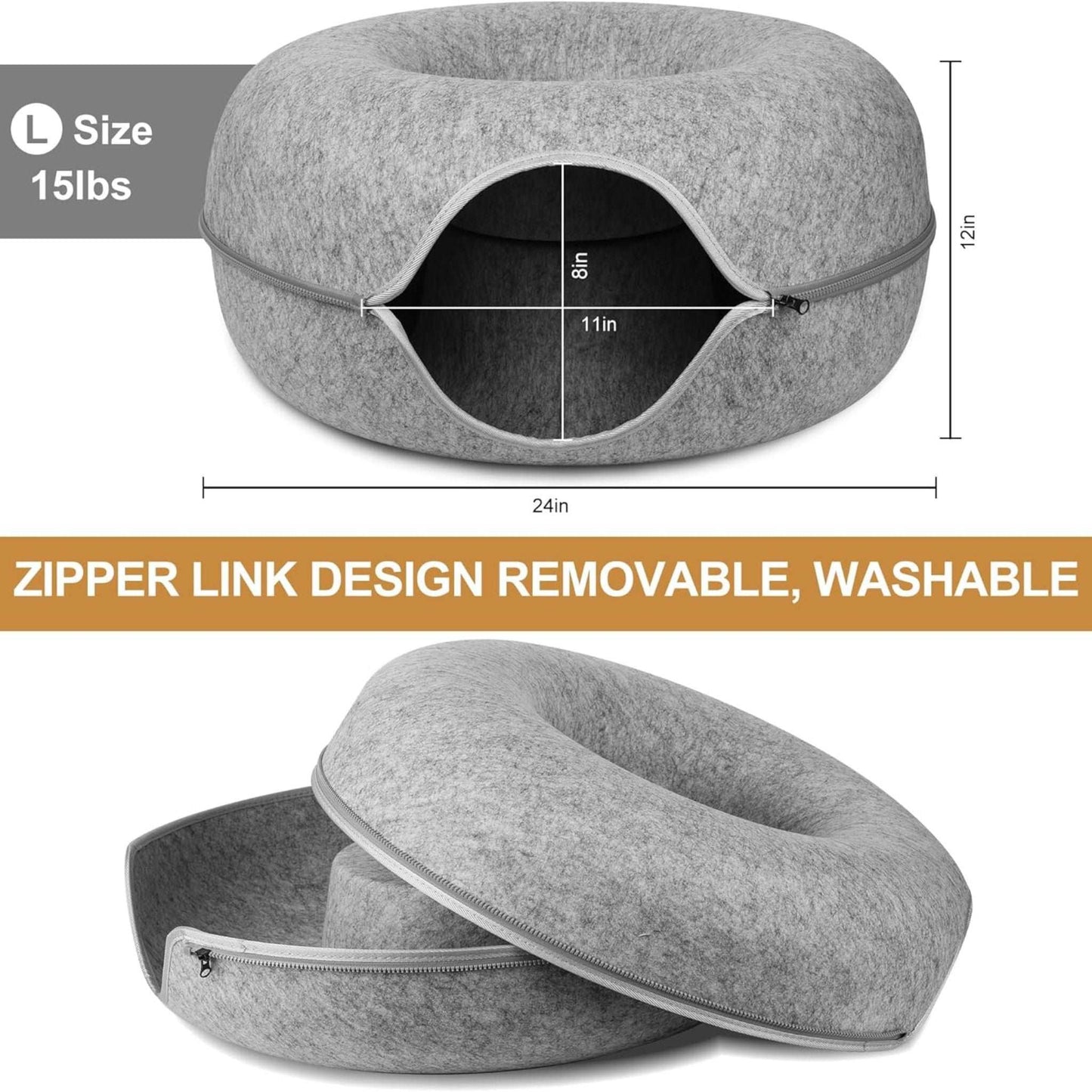 Grey Donut Cat Bed for 2 Pets Tunnel Kitten House Basket Interactive Natural Felt Cave Nest - TrendyPet's Zone