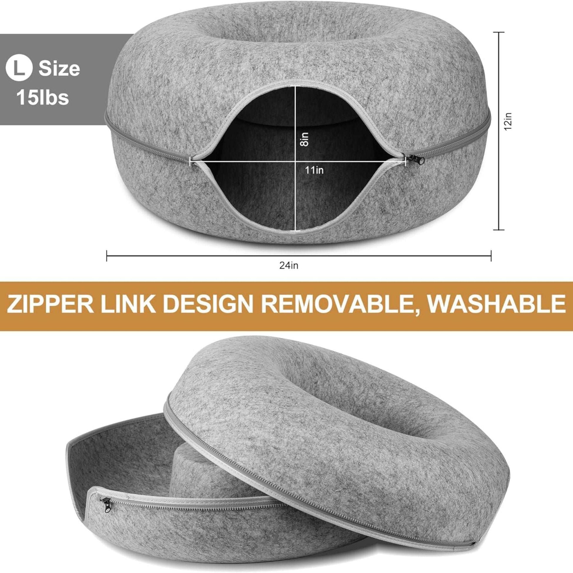 Grey Donut Cat Bed for 2 Pets Tunnel Kitten House Basket Interactive Natural Felt Cave Nest - TrendyPet's Zone