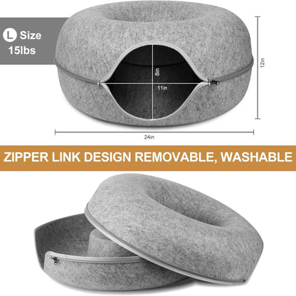 Grey Donut Cat Bed for 2 Pets Tunnel Kitten House Basket Interactive Natural Felt Cave Nest - TrendyPet's Zone