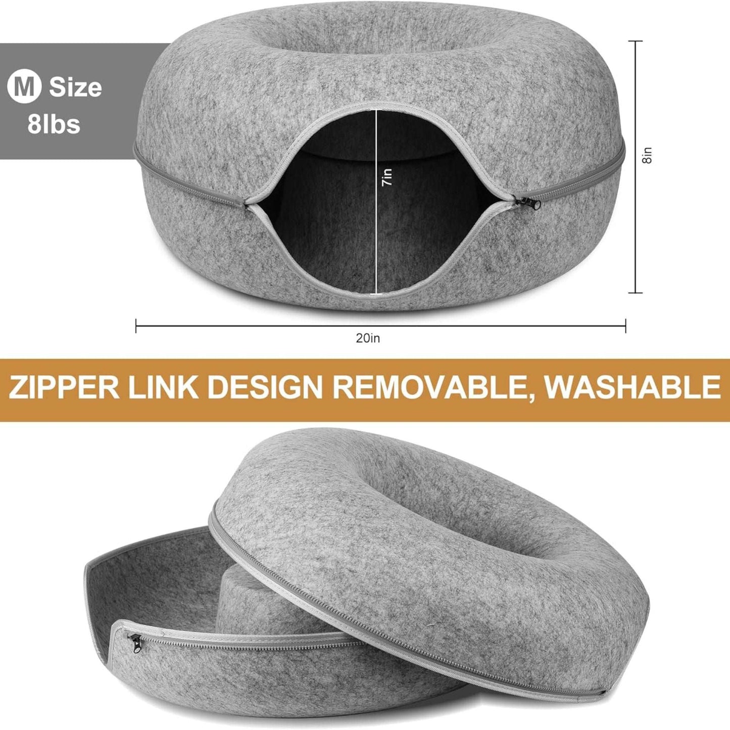 Grey Donut Cat Bed for 2 Pets Tunnel Kitten House Basket Interactive Natural Felt Cave Nest - TrendyPet's Zone