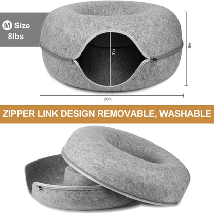 Grey Donut Cat Bed for 2 Pets Tunnel Kitten House Basket Interactive Natural Felt Cave Nest - TrendyPet's Zone