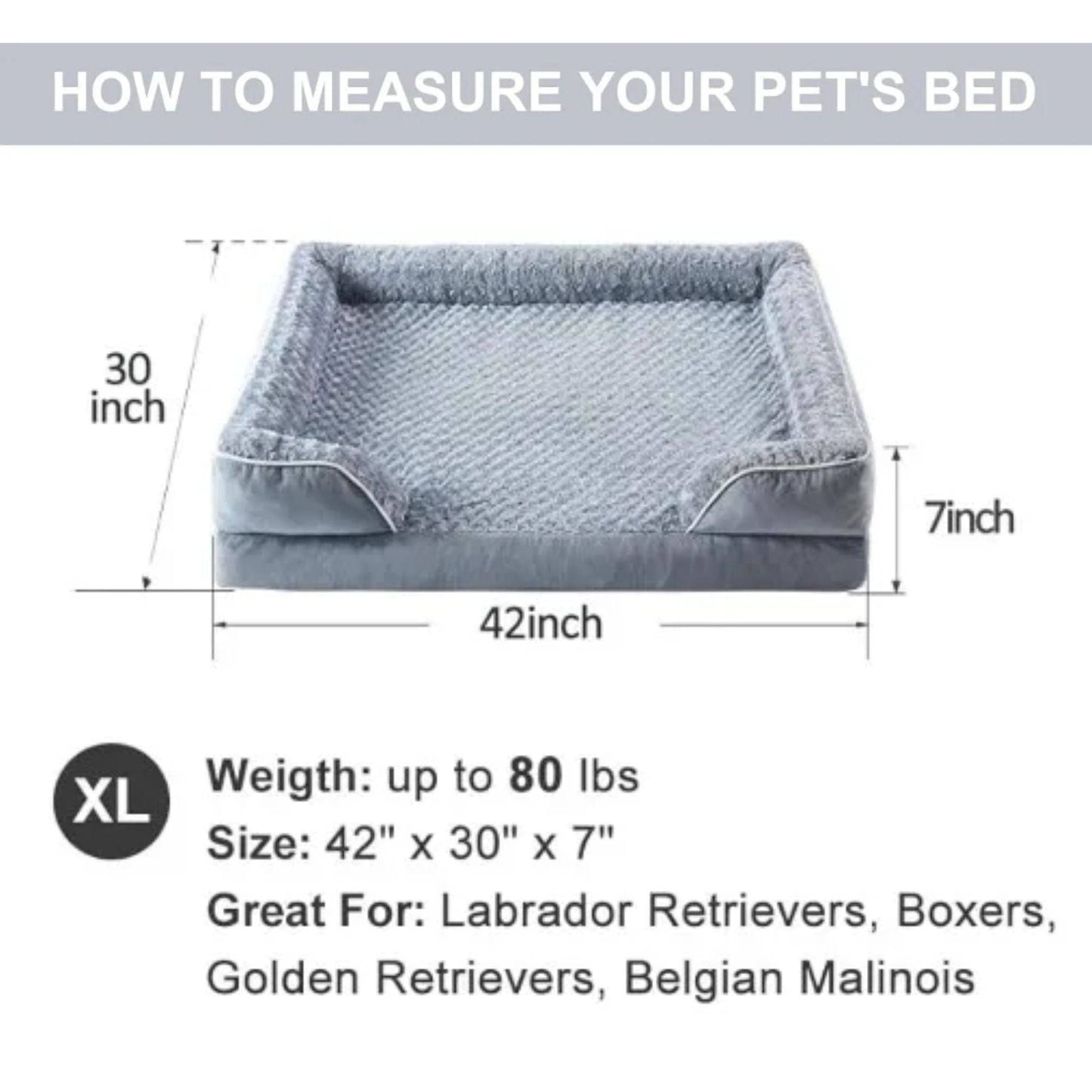 Grey Extra Large Bolster Dog Bed with Waterproof Lining & Non-Skid Bottom, Washable, Orthopedic Egg Foam Couch, XL 42"x 30"x 7" TRENDYPET'S ZONE