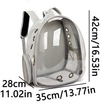 Grey TrendyPet's Zone pet carrier backpack with transparent capsule design, breathable for small animals, puppies, and kittens travel.