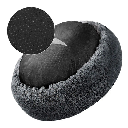 Dark grey round plush pet bed for dogs and cats, featuring a detachable, soft, cozy mat with zipper by TrendyPet's Zone.