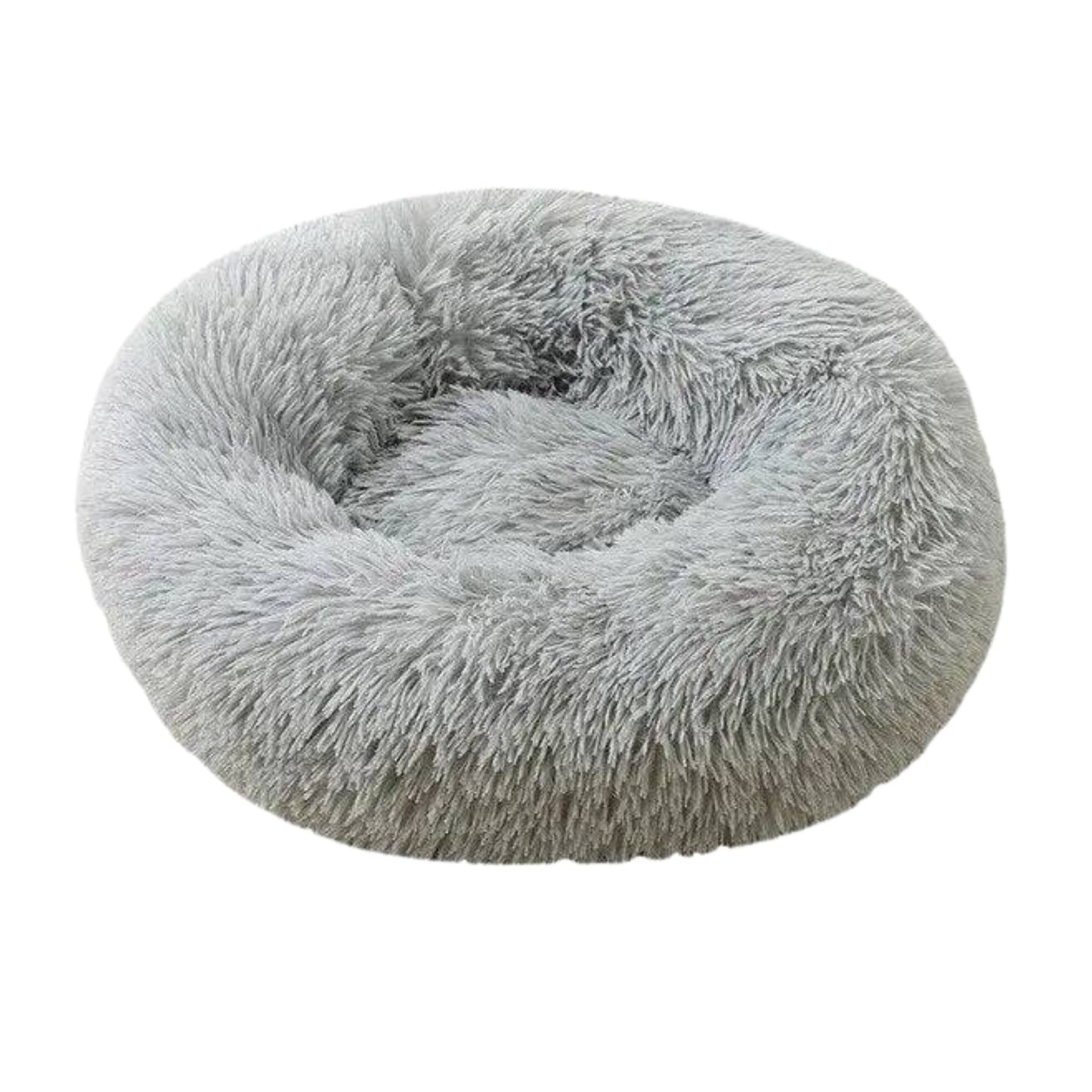 Grey round plush pet bed with a zipper, cozy and thick for dogs and cats, by TrendyPet's Zone.