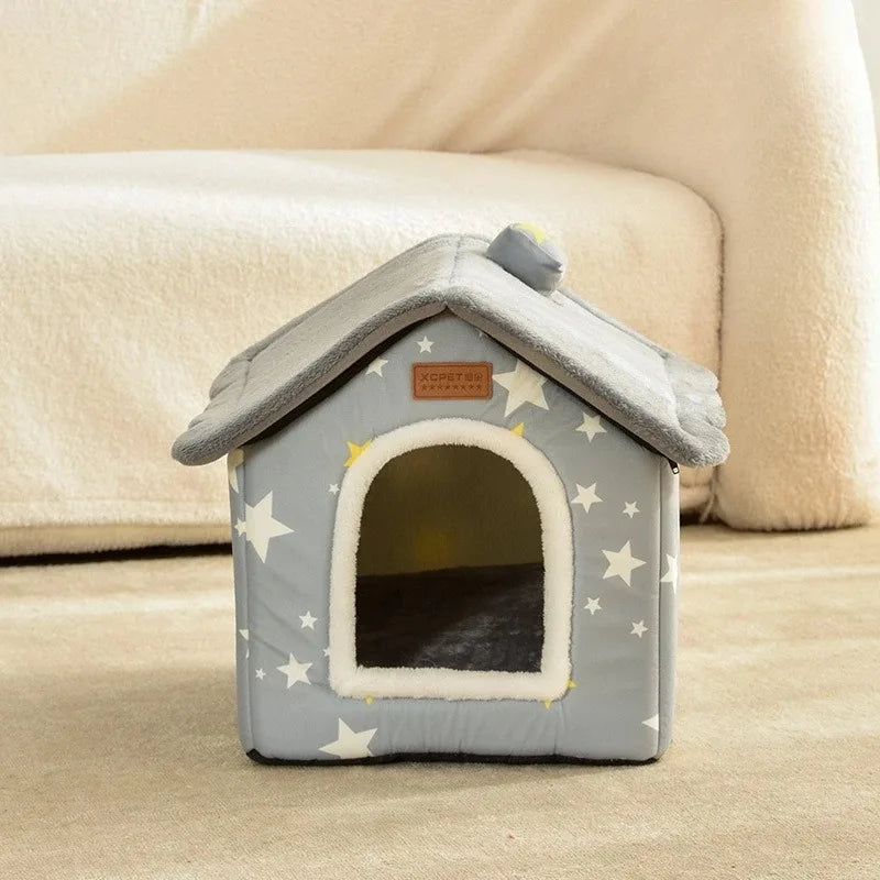Grey foldable dog kennel bed with star pattern, cozy mat and cave-style sofa by TrendyPet's Zone for pets' comfort.