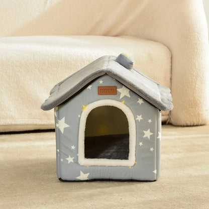 Grey foldable dog kennel bed with star pattern, cozy mat and cave-style sofa by TrendyPet's Zone for pets' comfort.