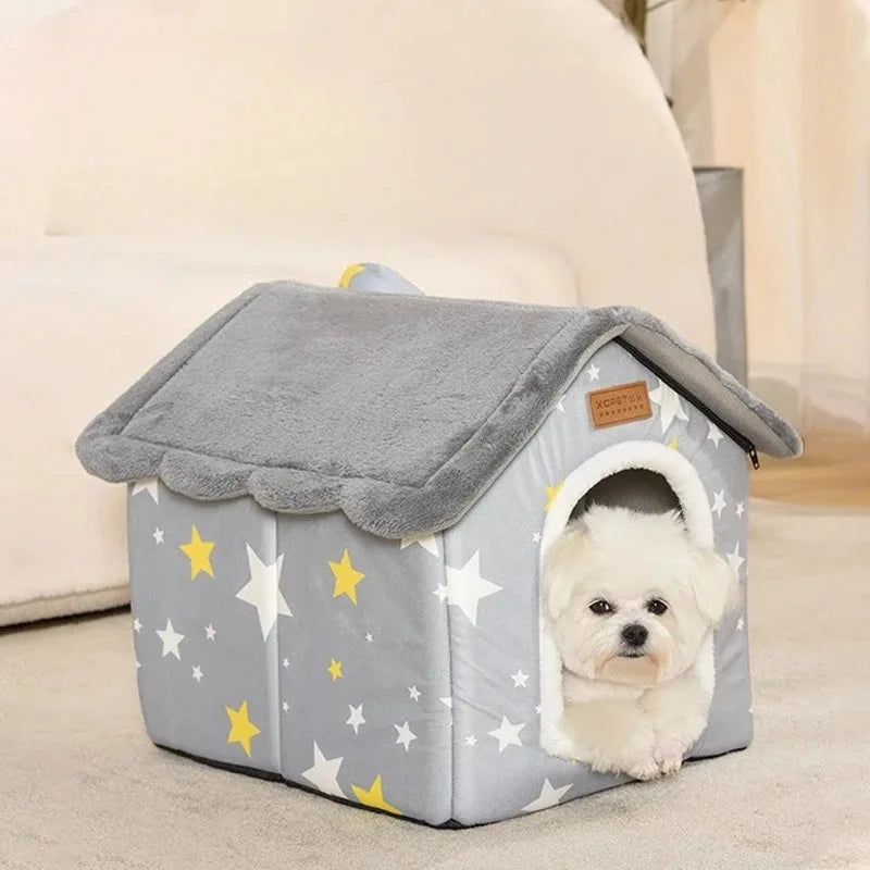 Grey foldable dog kennel bed with star pattern, soft mat, basket, cave, and sofa style for cozy pet comfort by TrendyPet's Zone