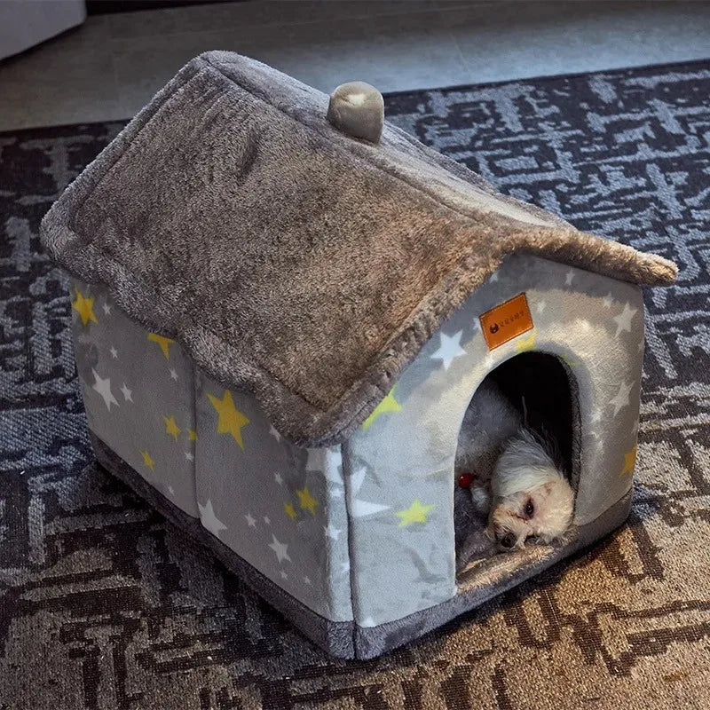 Grey foldable dog house with star design, cozy kennel bed, mat, basket, and cave sofa by TrendyPet's Zone