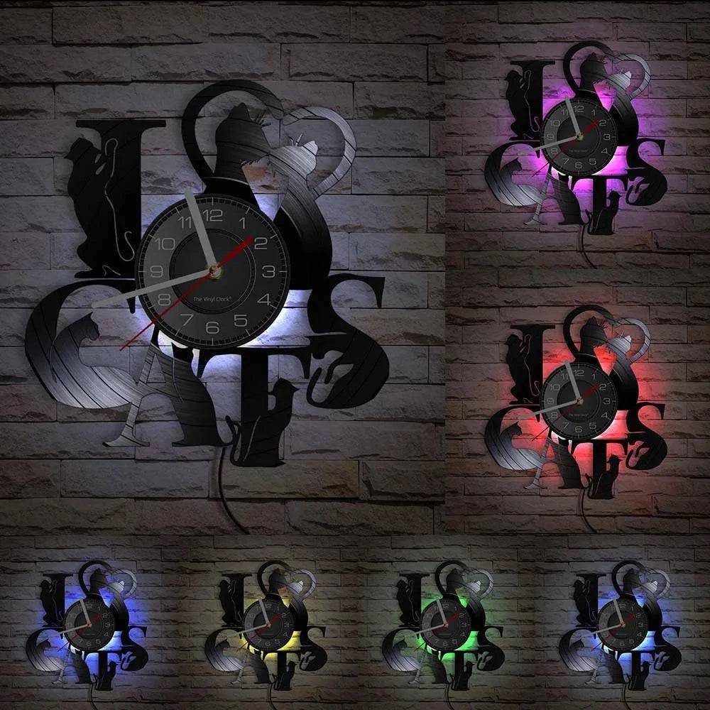 I Love Cats Wall Art (LED) Silhouette Kitten Cat Home Decor Wall Clock Black Kitty Vinyl Record Clock Cat Pet Lover - TrendyPet's Zone