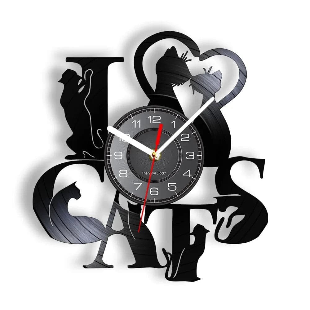 I Love Cats Wall Art (LED) Silhouette Kitten Cat Home Decor Wall Clock Black Kitty Vinyl Record Clock Cat Pet Lover - TrendyPet's Zone