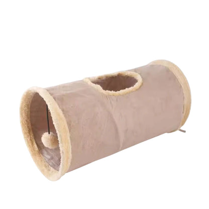 Khaki foldable cat plush tunnel toy made of soft suede, perfect for playful and interactive cat fun.