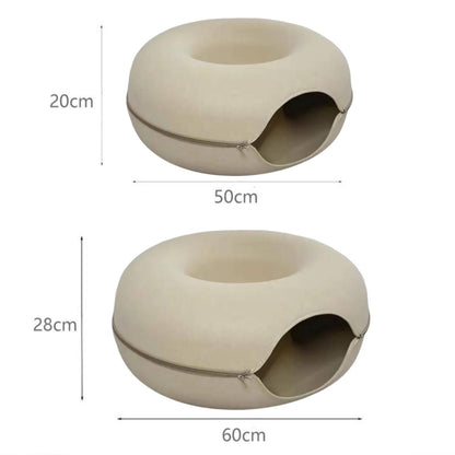 Khaki Donut Cat Bed for 2 Pets Tunnel Kitten House Basket Interactive Natural Felt Cave Nest - TrendyPet's Zone