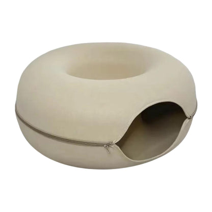 Khaki Donut Cat Bed for 2 Pets Tunnel Kitten House Basket Interactive Natural Felt Cave Nest - TrendyPet's Zone
