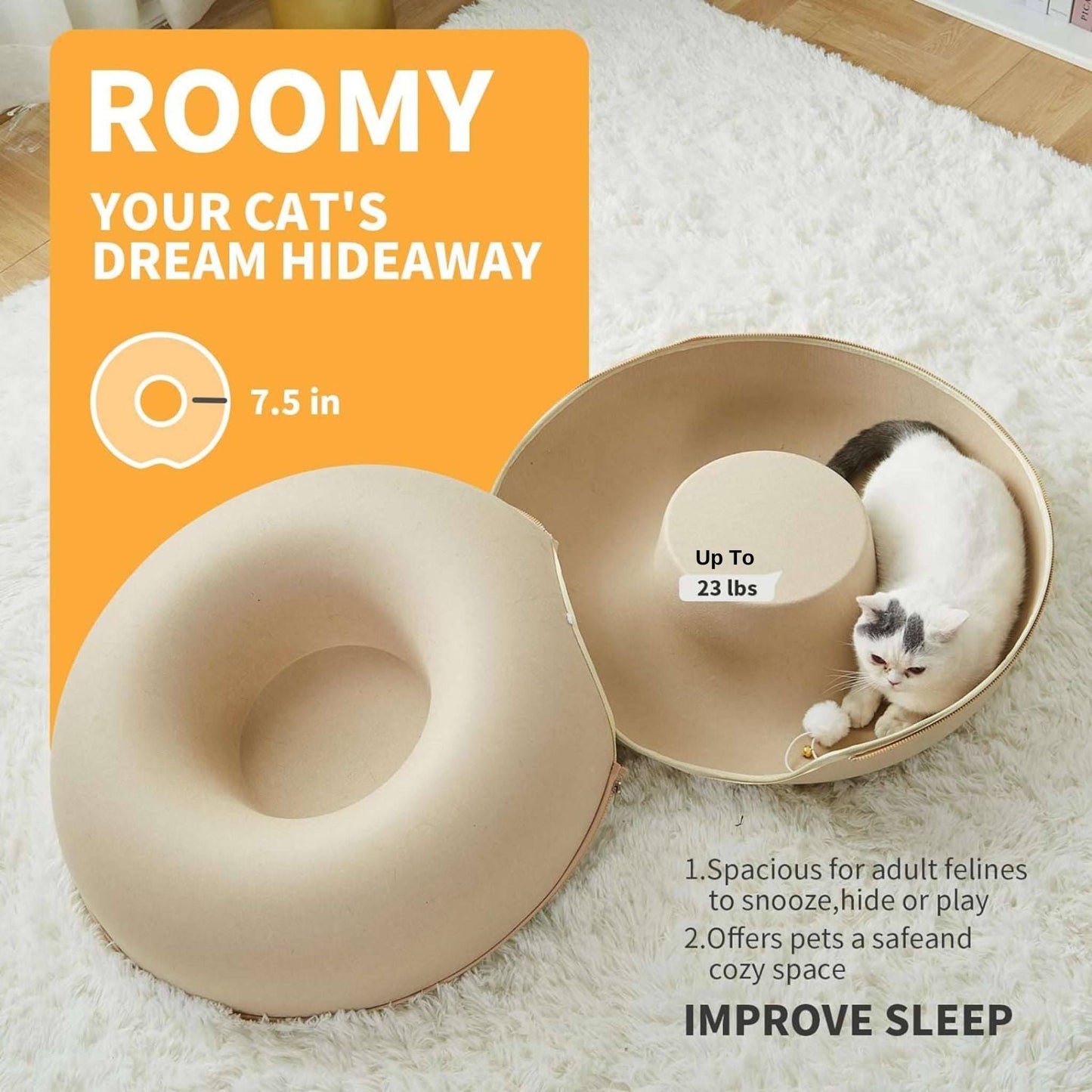Khaki Donut Cat Bed for 2 Pets Tunnel Kitten House Basket Interactive Natural Felt Cave Nest - TrendyPet's Zone