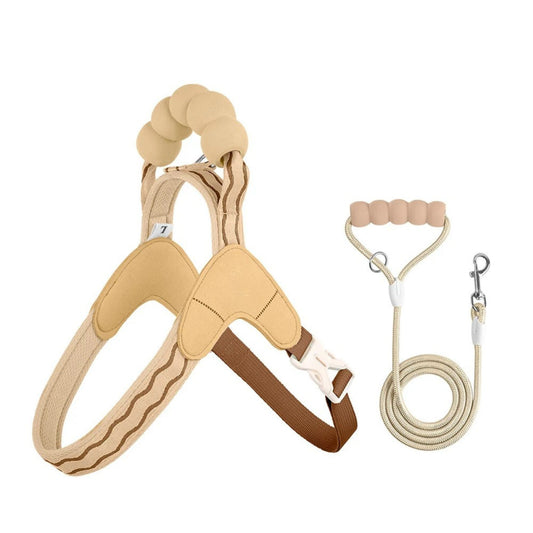 Khaki escape-proof dog harness set with reflective stitching for all dog sizes, includes leash, by TrendyPet's Zone.