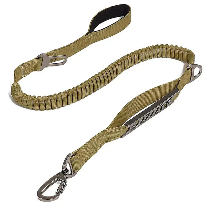 Khaki reflective shock-absorbing dog leash with car safety buckle, designed for secure vehicle travel by TrendyPet's Zone.