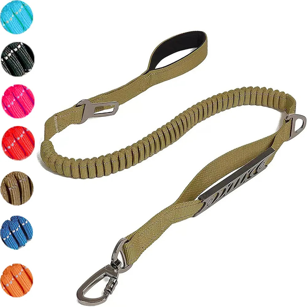 Khaki reflective shock-absorbing dog leash with car safety buckle, TrendyPet's Zone vehicle seat belt for secure pet travel.
