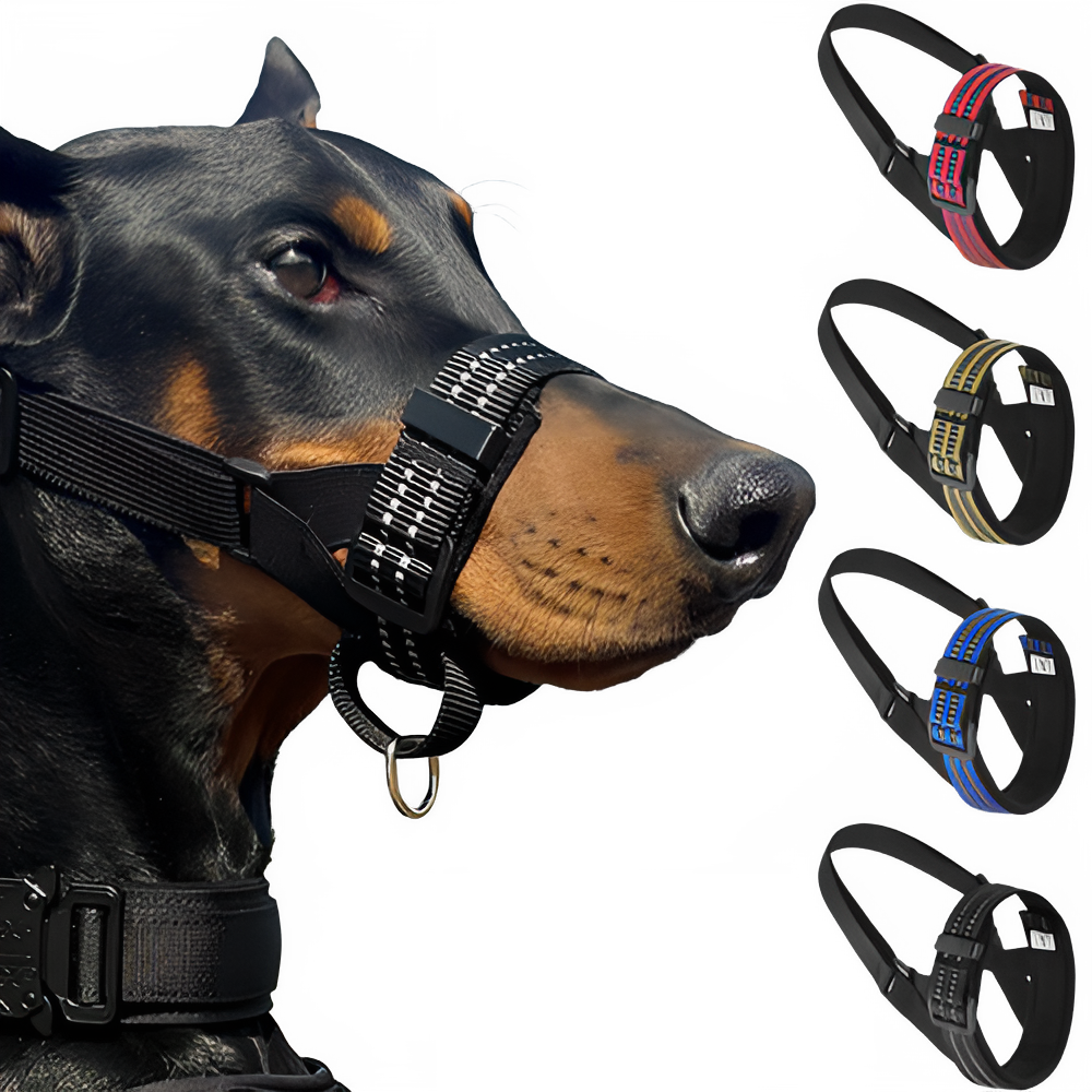 Reflective black dog muzzle by TrendyPet's Zone, designed for anti-barking, safety, and comfortable fit during walks.