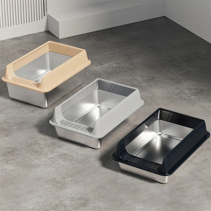 Black stainless steel cat litter box by TrendyPet's Zone, leak-proof and splash-proof, large size suitable for big cats with shiny surface.