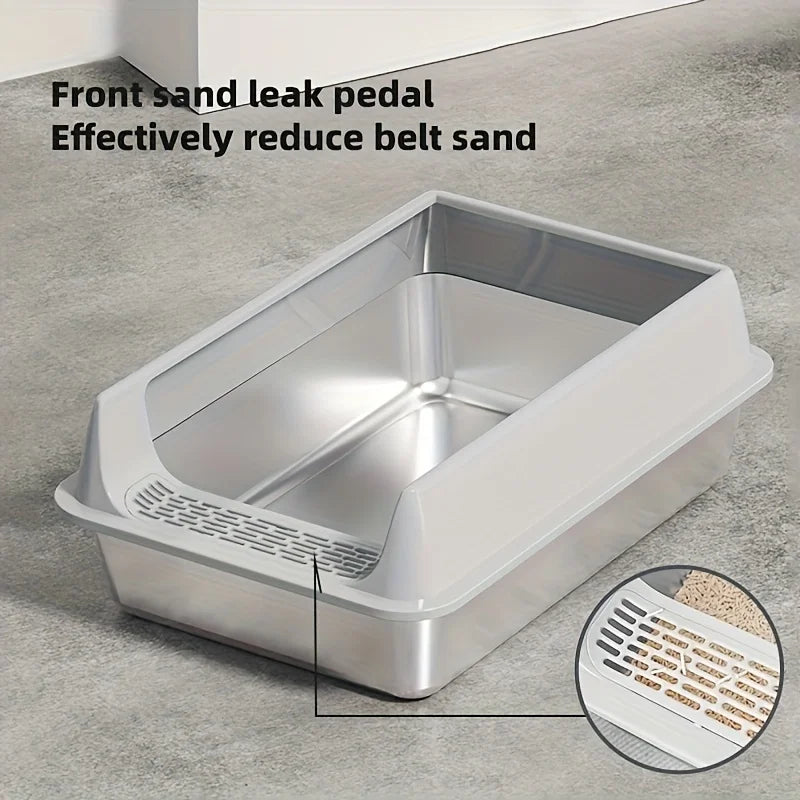 Black stainless steel cat litter box by TrendyPet's Zone with leak-proof and splash-proof design for large cats.